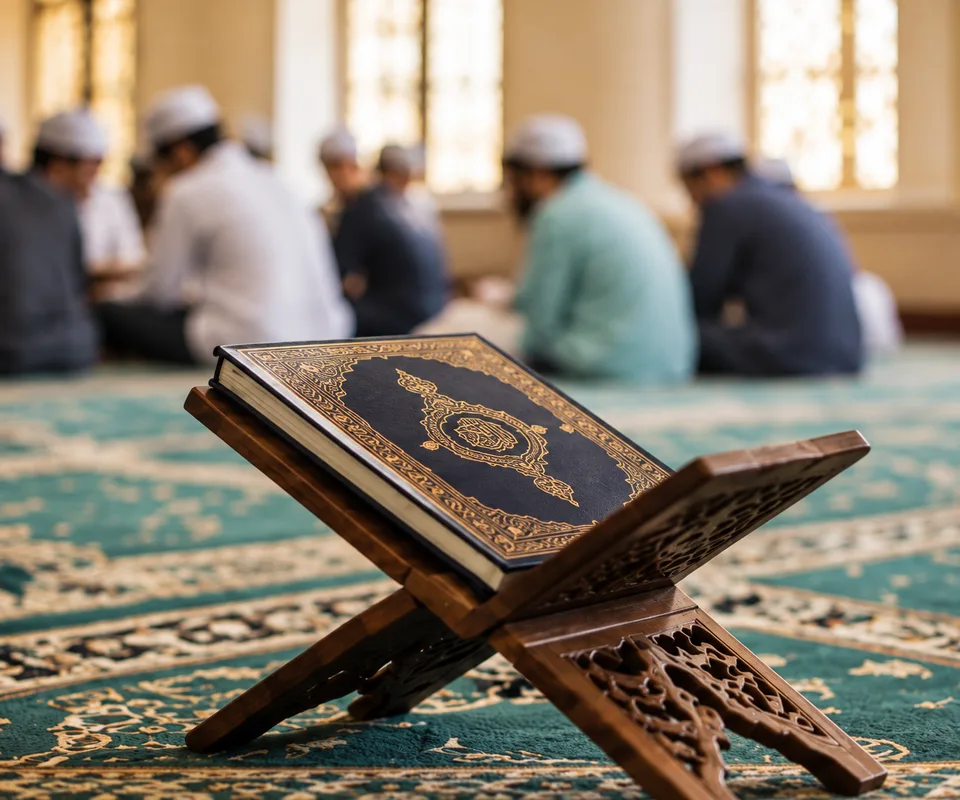 A Quran on a wooden stand with students learning in a mosque.